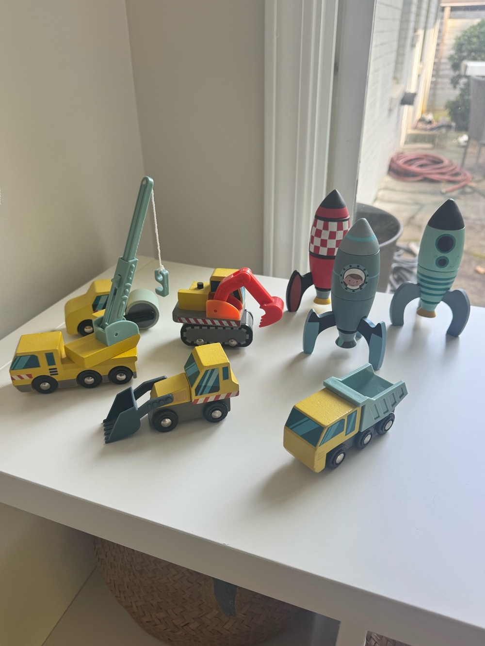 Wooden Yellow and Teal Construction Vehicles & Rocket Playset